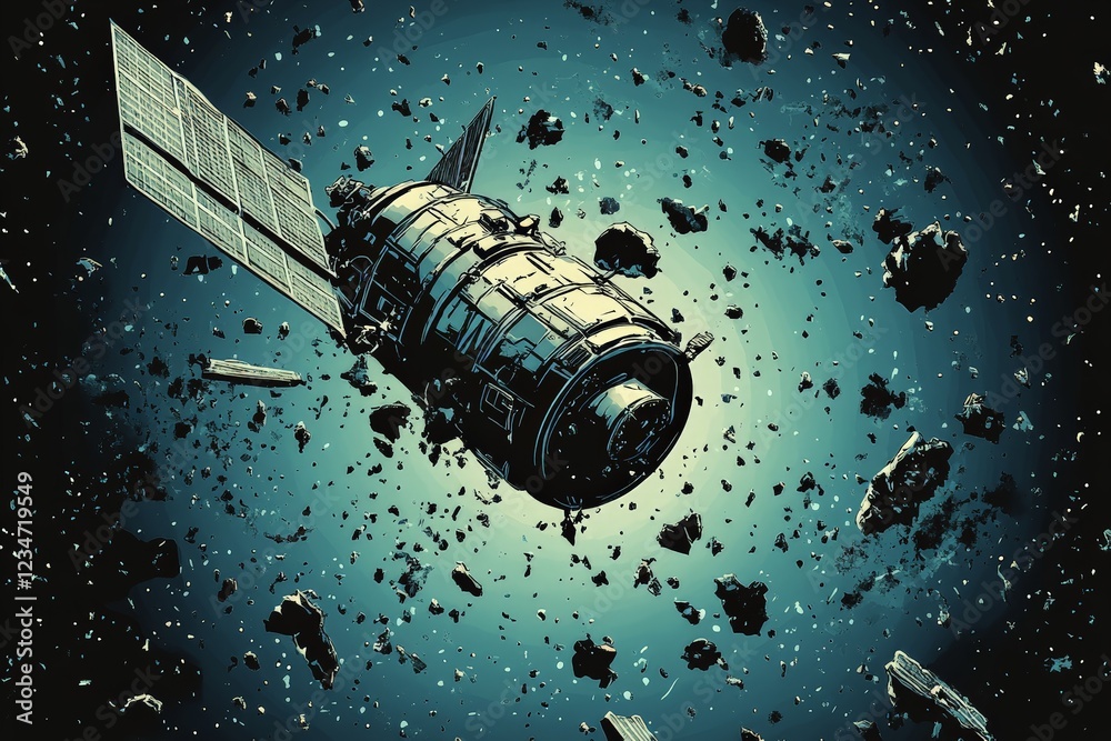 Poster Satellite navigating through a dense field of asteroids in outer space during a cosmic event
