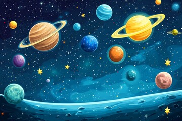 Colorful representation of planets in space with stars and cosmic scenery in a digital illustration