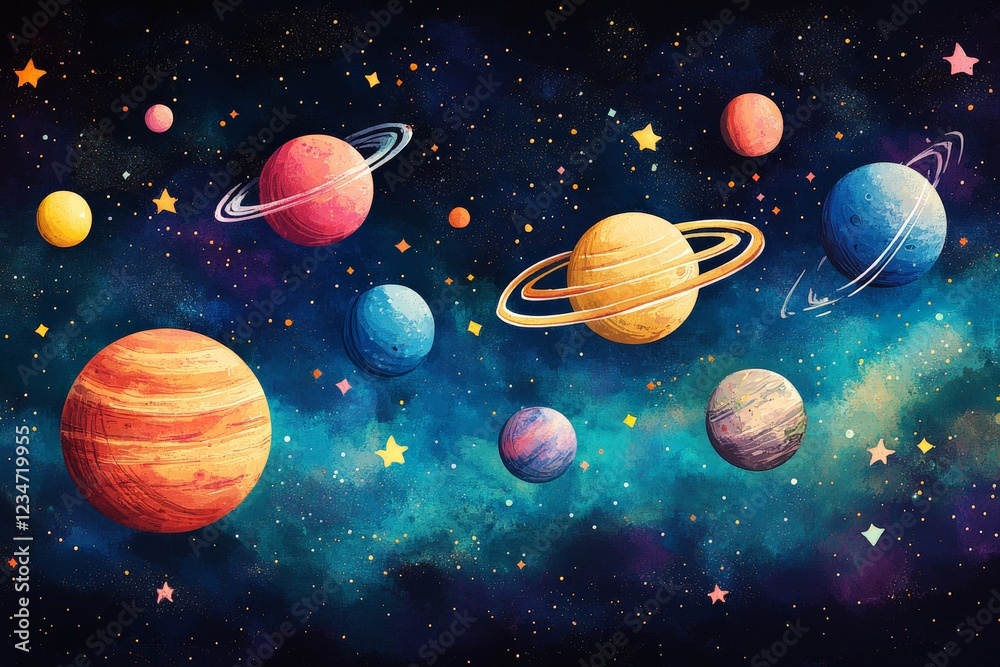 Poster colorful depiction of planets in outer space showing various celestial bodies and starry backdrop at