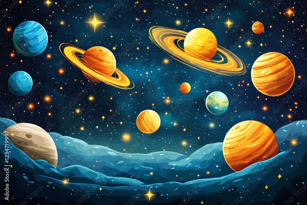 Poster colorful depiction of planets in space with shining stars and swirling clouds in deep cosmic backgro