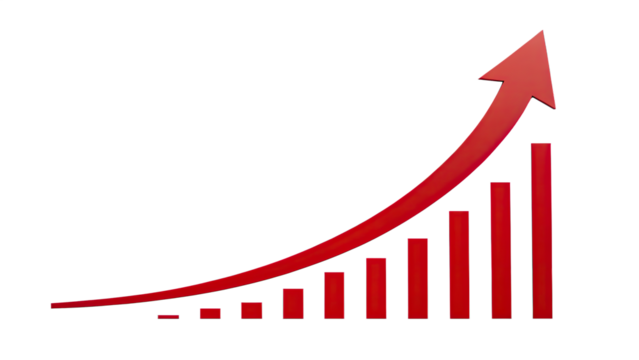 business graph with red upward arrow showing up trend isolated on PNG