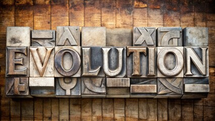 The word evolution crafted from vintage metal letterpress printing blocks on a weathered wood background.