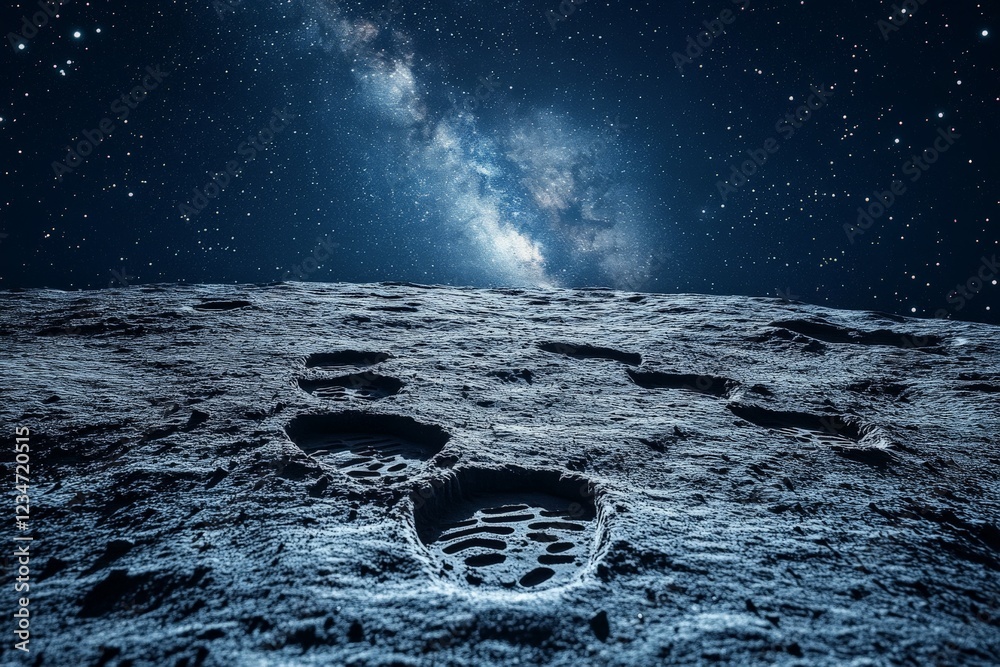 Aufkleber footprints on the moon's surface under a starry sky with the milky way visible