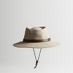 A simple hat with an outback style, made of light beige felt fabric and a brown leather band on the brim, set against a white background