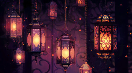 Illuminated Moroccan lanterns: explore intricate metalwork, warm light, and Arabic design in festive Ramadan evening ambiance and mystical Eid decorations on dark backgrounds
