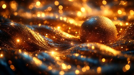 Glittering Gold Ornament Rests On Sparkling Fabric