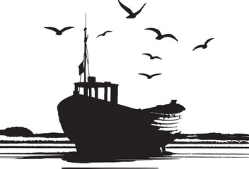 silhouette image, old fishing boat, vector