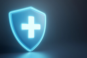 Obraz premium A 3D icon of a blue shield with a glowing medical cross, symbolizing protection and healthcare