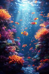 Obraz premium Vibrant Coral Reef With Colorful Fish Swimming