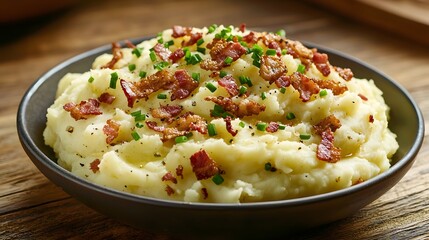 Smooth Warm Dish, Mouthwatering Creamy Mashed Potatoes with Crispy Bacon and Chives
