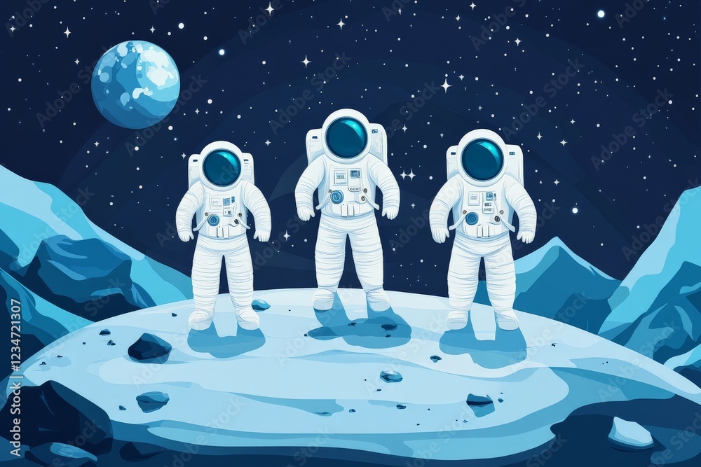 Poster Exploration on a distant moon with astronauts surrounded by stars and a planet in the background