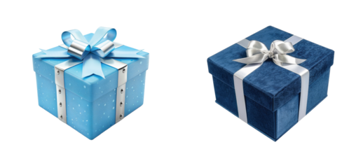 Two stylish gift boxes with elegant ribbons and bows in blue tones for special occasions