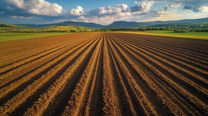 Aerial view of a plowed field with rows of tilled soil