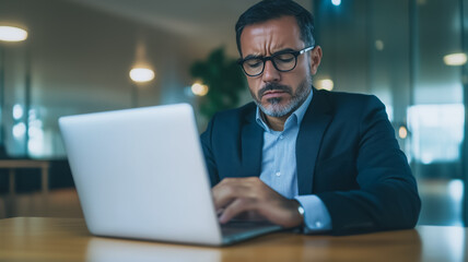 Focused Businessman: A serious, middle-aged businessman concentrates intently on his laptop, his expression conveying deep focus and professionalism in a modern office setting. 