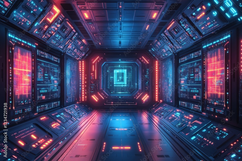 Aufkleber Futuristic corridor with glowing lights and digital screens in a sci-fi environment