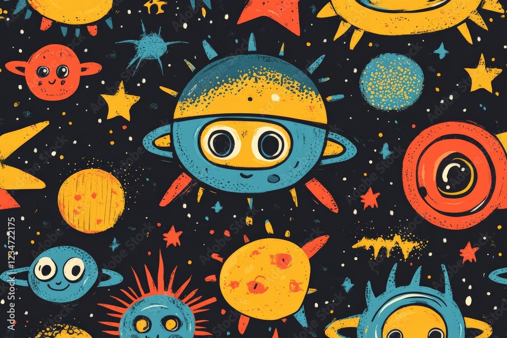 Aufkleber colorful cartoon space characters floating among stars and planets with a dark background creating a