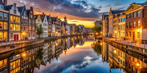 Naklejka premium Golden light and colorful buildings reflected in a serene canal, evening, architecture, evening
