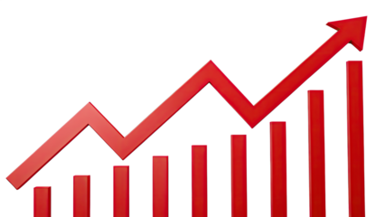 business graph with red upward arrow showing up trend isolated on PNG