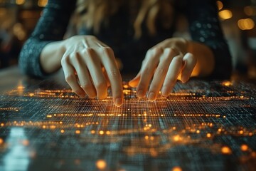Hands interacting with a glowing data visualization on a table.