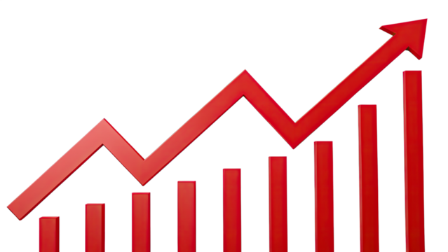 business graph with red upward arrow showing up trend isolated on PNG