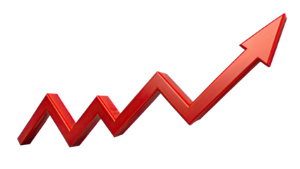 business graph with red upward arrow showing up trend isolated on PNG