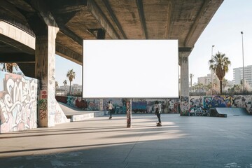 Obraz premium A blank white billboard in the middle of a skate park, surrounded by graffiti and skaters.