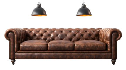 vintage leather sofa, Industrial-style loft with exposed brick walls on white or transparent background