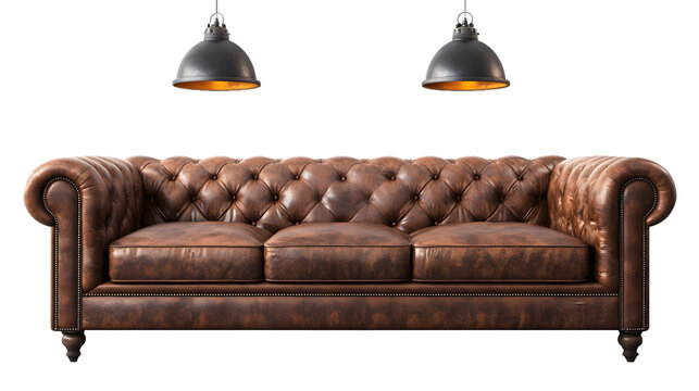 vintage leather sofa, Industrial-style loft with exposed brick walls on white or transparent background