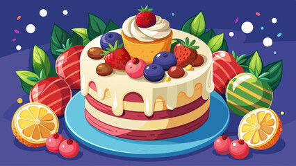 Tasty white homemade cake decorated by red berries and macaron