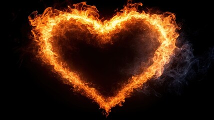 A fiery heart shape created with flames and smoke on a dark background.
