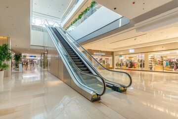 Blank advertisement board placed in a modern shopping mall, escalators and shops in the background.