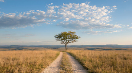 Fototapeta premium Lone tree on a gravel road, vast grassland, sunny day, peaceful landscape; ideal for travel brochures