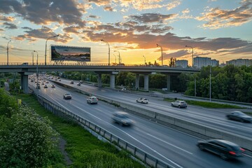 Fototapeta premium Blank billboard on a highway overpass, cars passing underneath, with a sunset sky in the background.