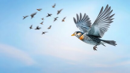Majestic Bird in Flight with Flock Against Blue Sky Background