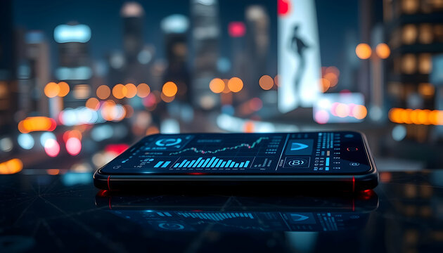 Financial dashboard, smartphone screen, stock market graphs, neon city lights, blurred urban background, data visualization, glowing charts, nighttime cityscape, digital finance, technological interfa - Powered by Adobe