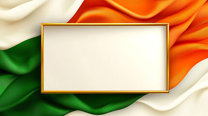 India Independence Day Frame White Empty Gold Frame on Orange White Green Draped Fabric Background