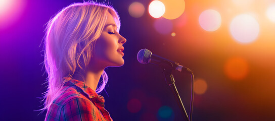 A blonde female singer with long hair and a headband stands on stage in front of bright yellow spotlights, holding a microphone and wearing a plaid shirt