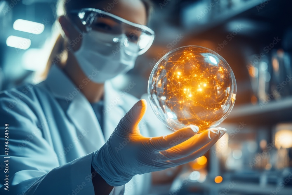 Poster a detailed 3d illustration of a scientist holding a glowing object that symbolizes a significant sci