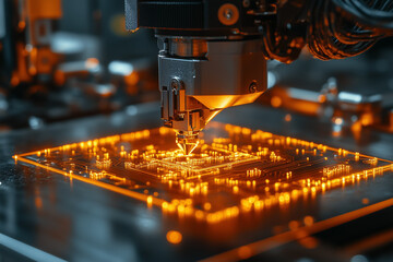 A close-up of a 3D printer creating a small circuit model, representing tech innovation. Bright lighting, contrast