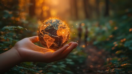 Hand Holding Glowing Earth in Forest with Soft Background Light