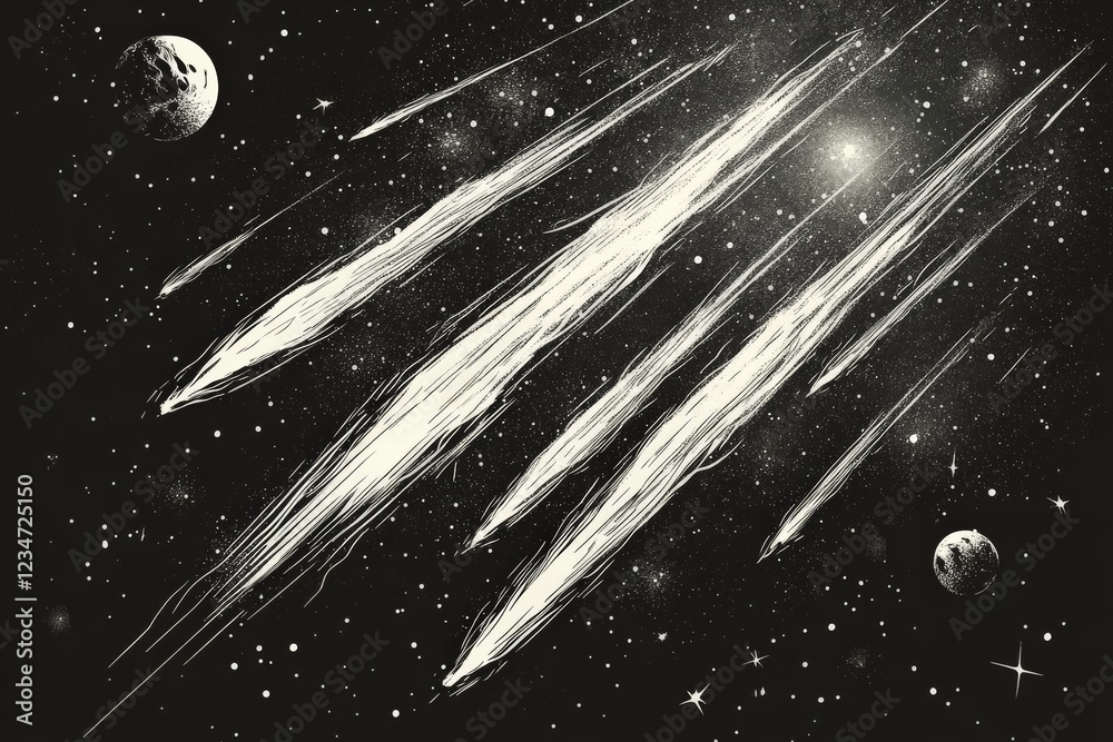 Poster night sky illuminated by multiple meteor trails streaking across celestial expanse