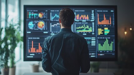 Man standing in front of a large digital screen filled with colorful data visualizations, charts, and analytics in a modern office environment