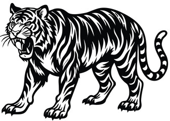 Fototapeta premium Tiger Silhouette Vector Art in Black and White, Wild Tiger Illustration Vector Design for Printing and Craft Projects 