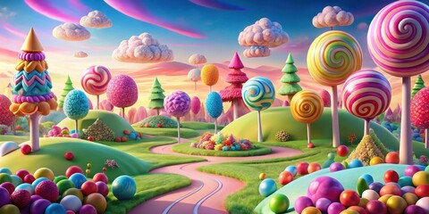 Colorful Candy Land landscape with rolling hills and lollipop forests in the background, gumdrop trees, fantasy landscape