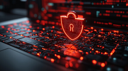 A cyber security visualization with a glowing lock and shield floating above a laptop. Bright lighting, contrast