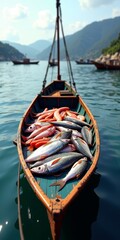 Obraz premium Freshly caught fish in a wooden boat on a serene lake, surrounded by majestic mountains