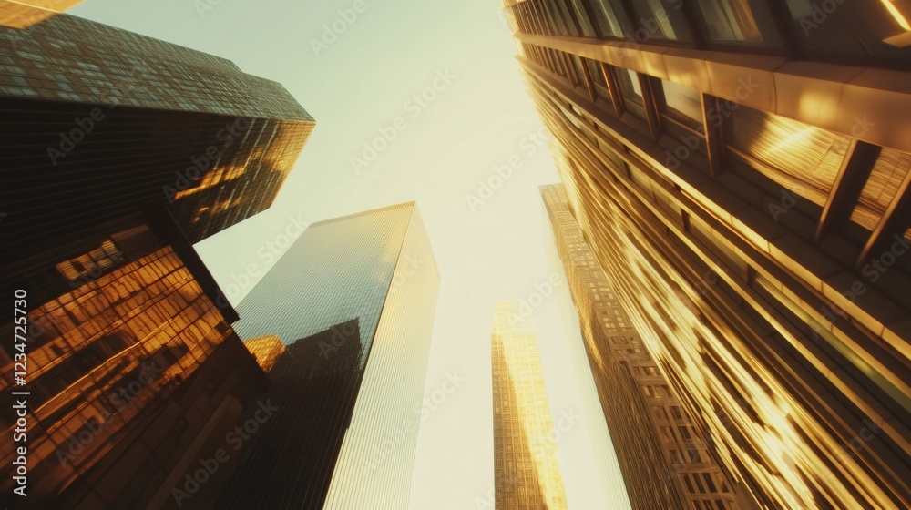 Poster low angle view of towering skyscrapers gleaming in the warm sunlight, creating a powerful symbol of 