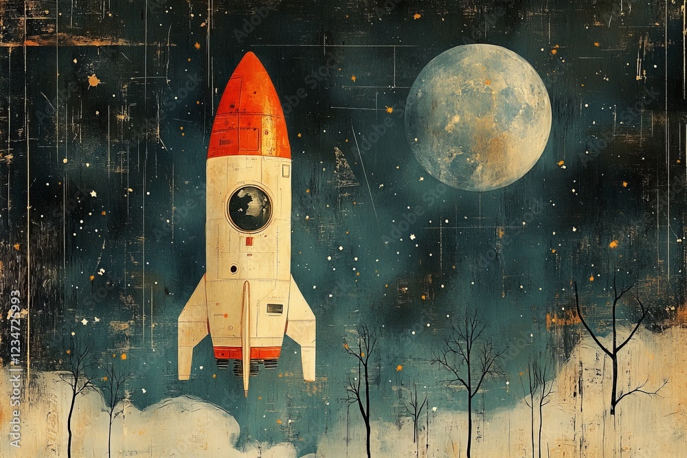 Poster rocket launching towards the moon in a starry night sky with silhouetted trees and clouds