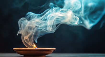 A calming aroma emanates from a lit incense holder, surrounded by swirling smoke against a dark background.