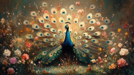 Peacock displaying feathers in vibrant floral garden